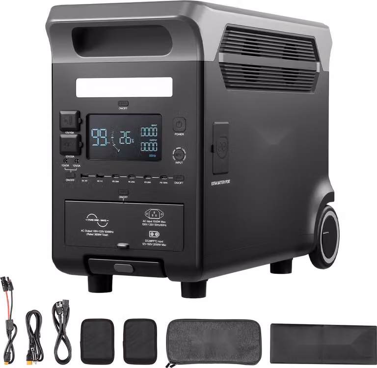 Stazione di ricarica portatile - Generatore solare - Potenza in uscita 3600 W - Capacità 3840 Wh - 10 uscite - Batteria LiFePO4 - Potenza in ingresso regolabile (6 livelli) - Senza pannello solare