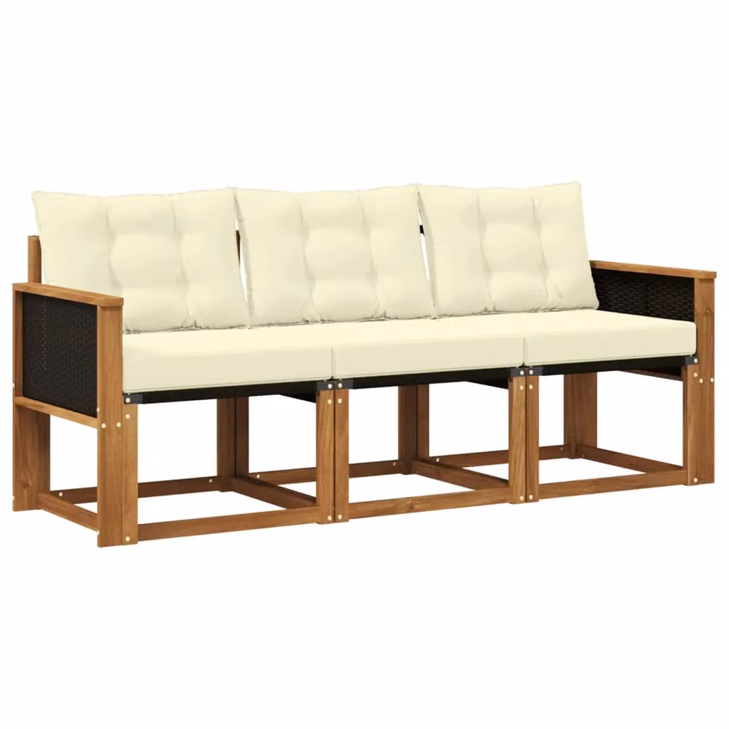 Set di divani da esterno 3 pezzi vidaXL in legno di acacia trattato con tessuto textilene e cuscini beige e bianchi – 2