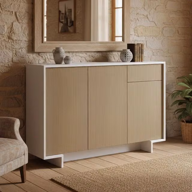 Credenza Arius DMORA, Madia e Buffet da soggiorno con 3 ante e 1 cassetto, Bianco e Beige, L: 134 cm, P: 35 cm, H: 87 cm
