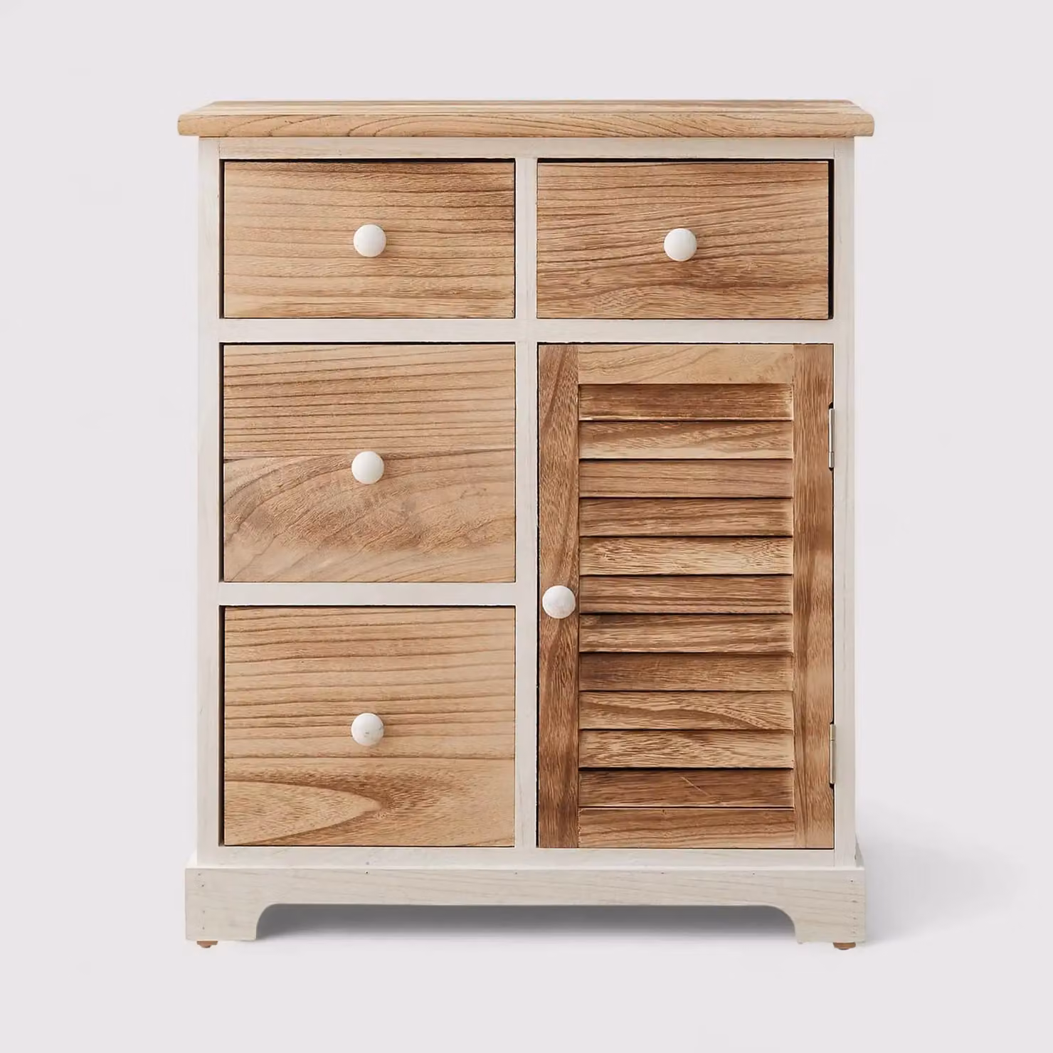 Lino - Credenza bianca con 4 cassetti e 1 anta marroni