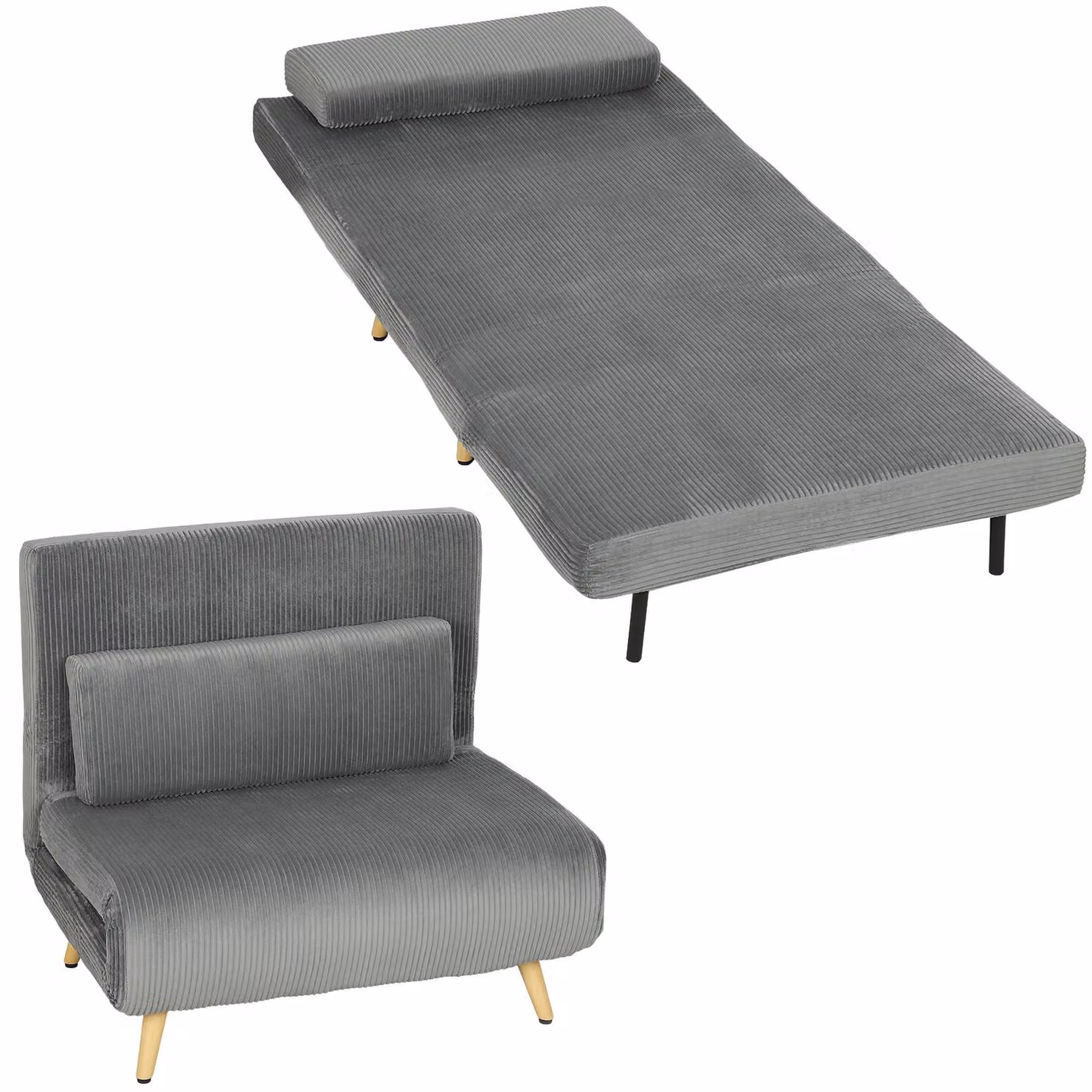 Poltrona reclinabile 3-in-1 - Divano letto - Schienale regolabile - Pieghevole - Gambe in metallo - Cuscino lombare - Grigio scuro