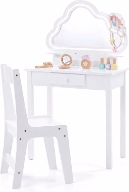 Set postazione trucco per bambini con specchio a forma di nuvola con luci LED, sgabello e cassetto in legno bianco – 1