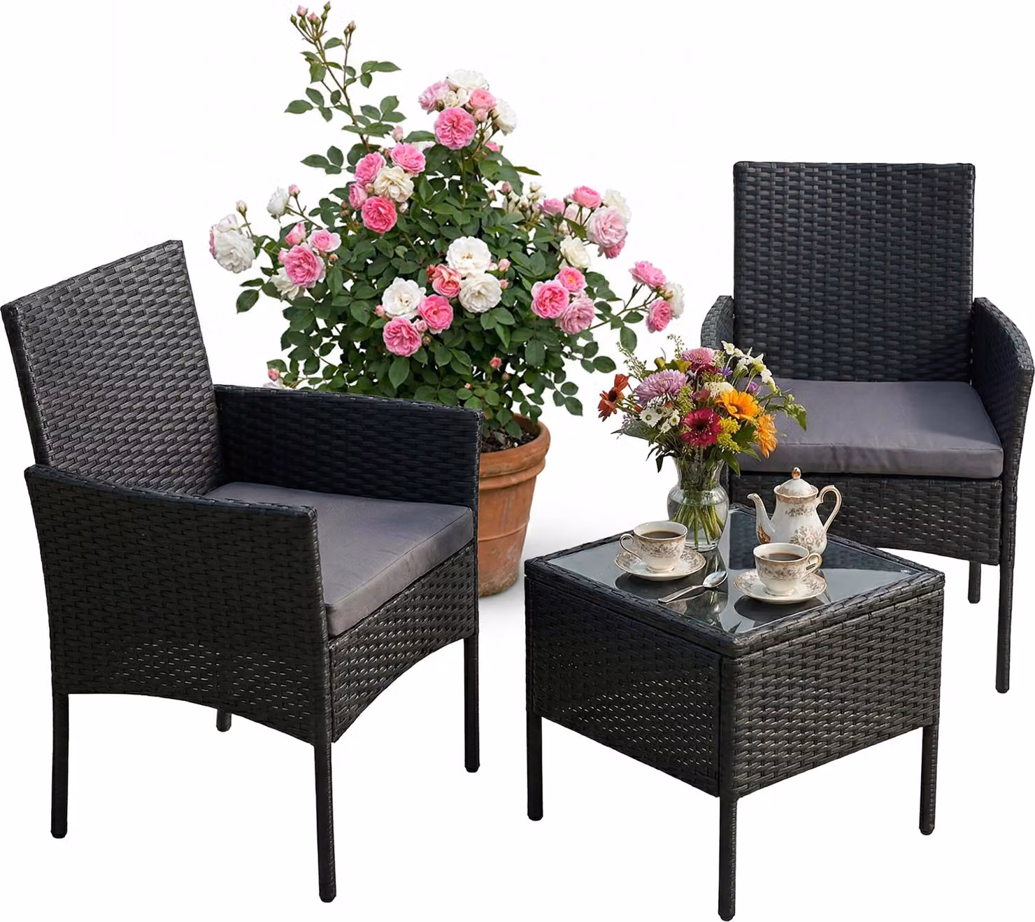 Set di mobili da giardino Relaxdays, set da salotto in rattan da 3 pezzi, per 2 persone, 2 poltrone e tavolo in vetro, mobili da relax, da esterno, nero