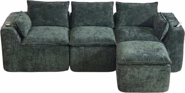 Divano modulare a 3 posti in tessuto chenille verde scuro con pouf, cuscini, portabicchieri e tasche laterali