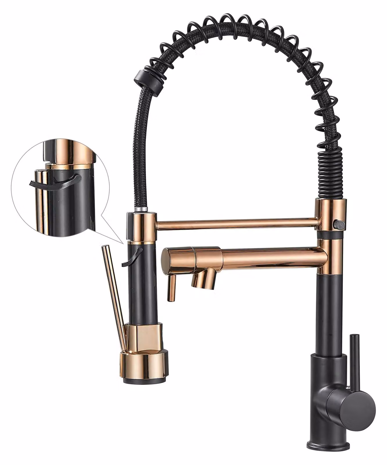 Rubinetto da cucina con soffione estraibile, nero/oro rosa, rotazione a 360°