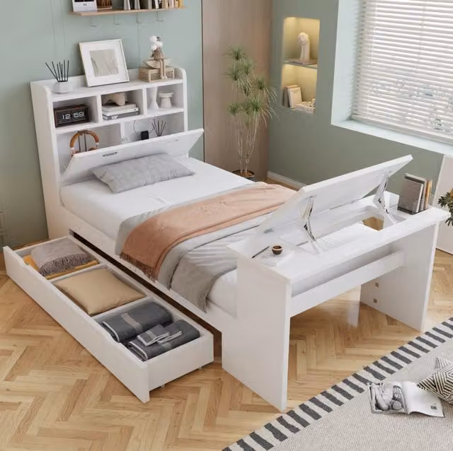 Letto singolo 90x200 cm bianco in legno con scrivania pieghevole e spazio contenitore