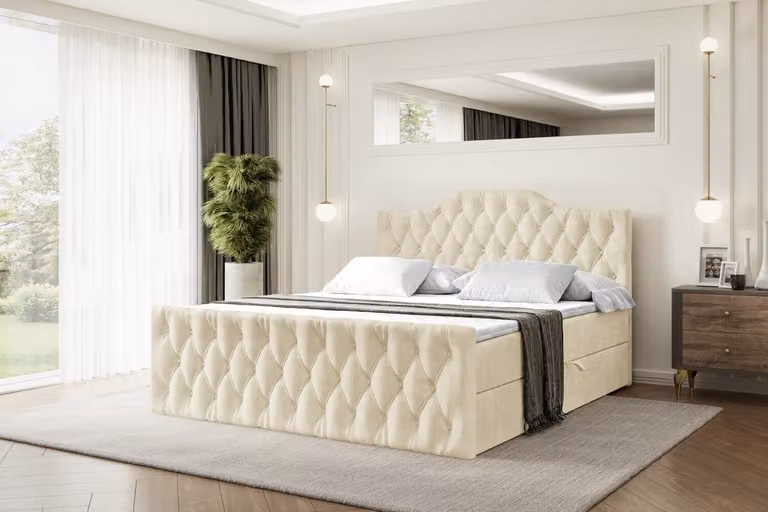 Letto boxspring ALTDECOR con pediera, materasso H3 e topper - 120x200 cm - VILA-1-Z - Velluto beige - Letto imbottito con contenitore e rete a doghe, letto con spazio contenitivo