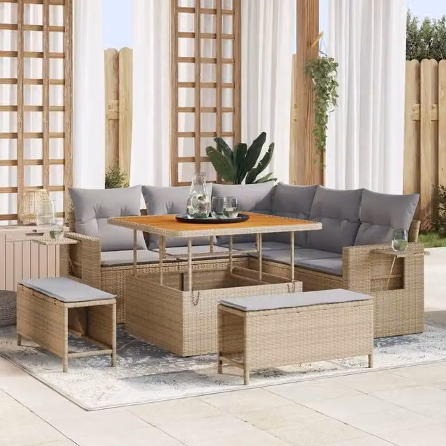 Set da giardino moderno vidaXL composto da 8 pezzi in rattan beige con cuscini inclusi e struttura in acciaio verniciato a polvere