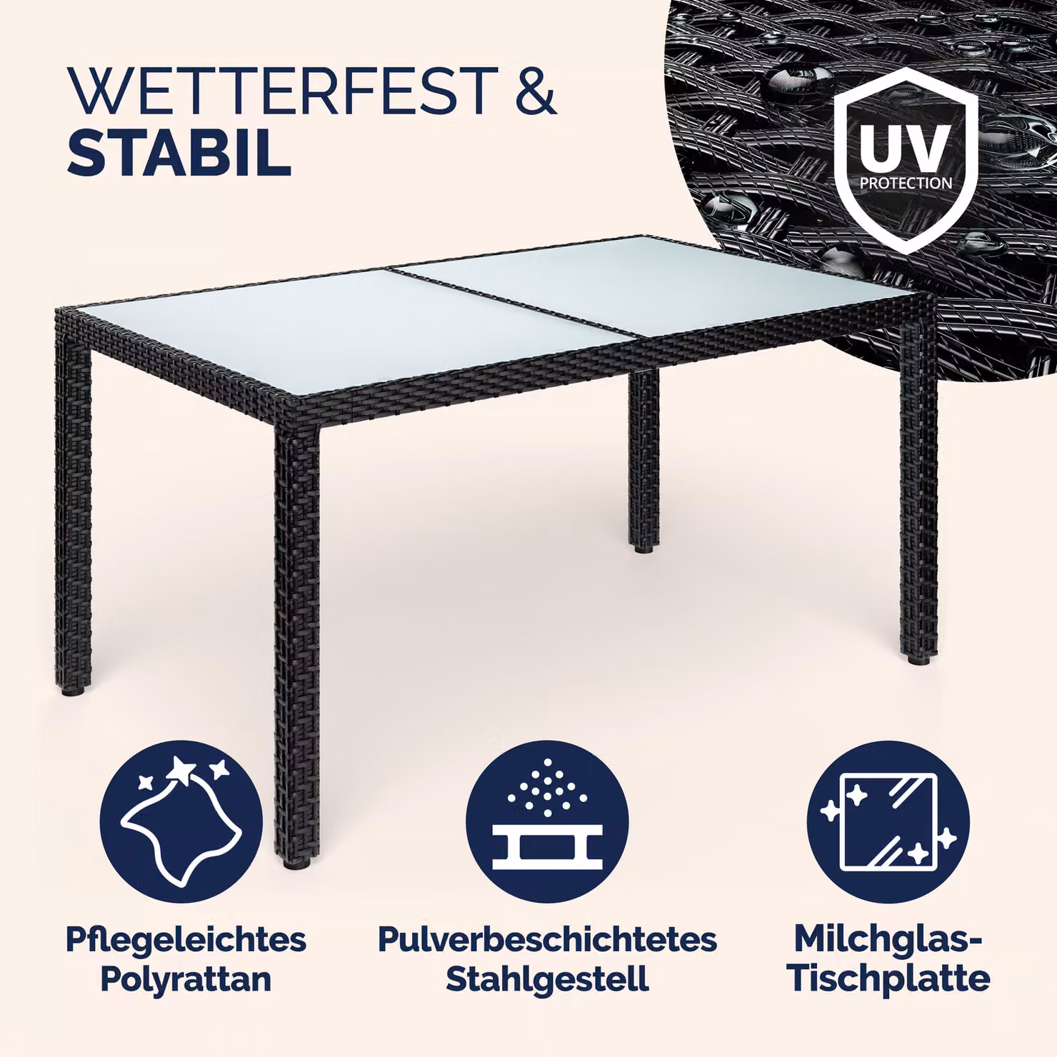 Tavolo da giardino rettangolare estensibile CASARIA in polyrattan nero con piano in vetro L: 150 cm, P: 90 cm, H: 75 cm – 3