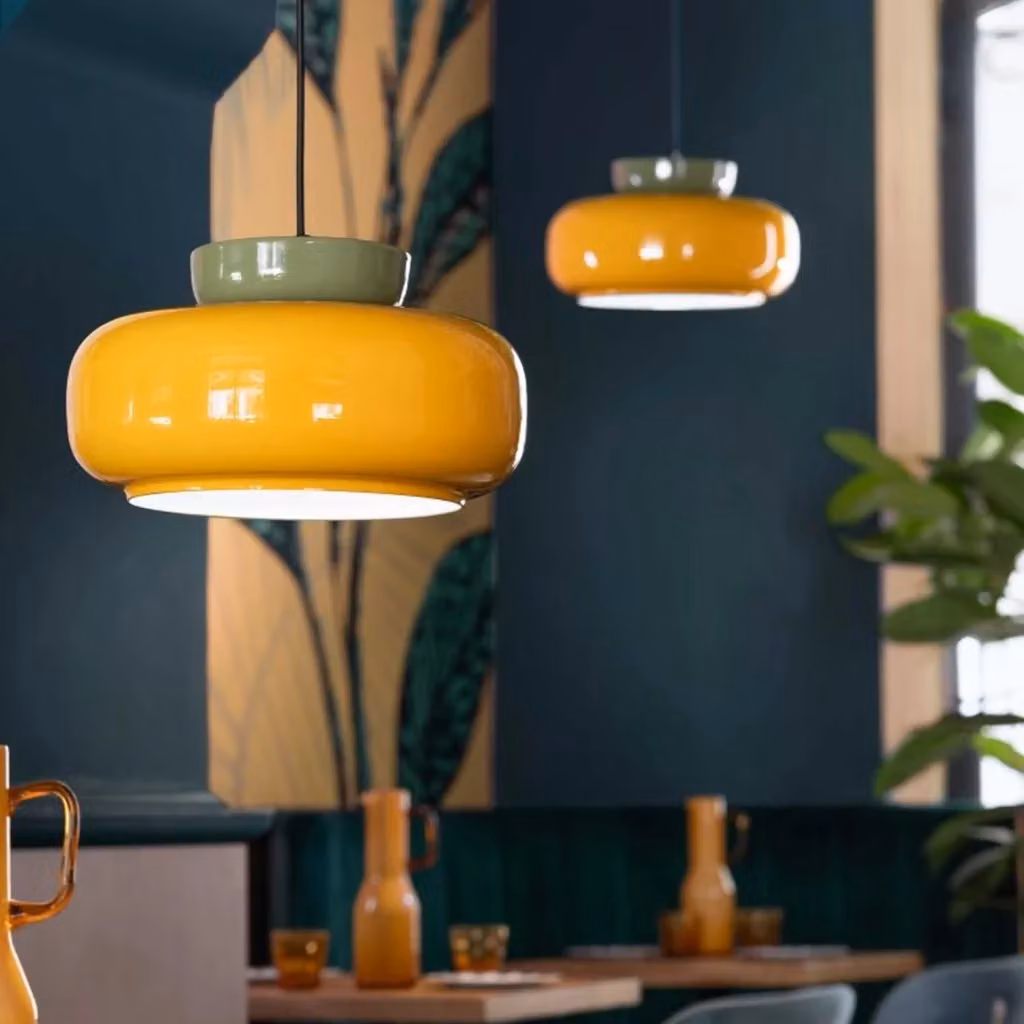 Lampada a sospensione Ferroluce Maracanà in ceramica e vetro giallo e verde stile Art Déco con attacco E27 – 2