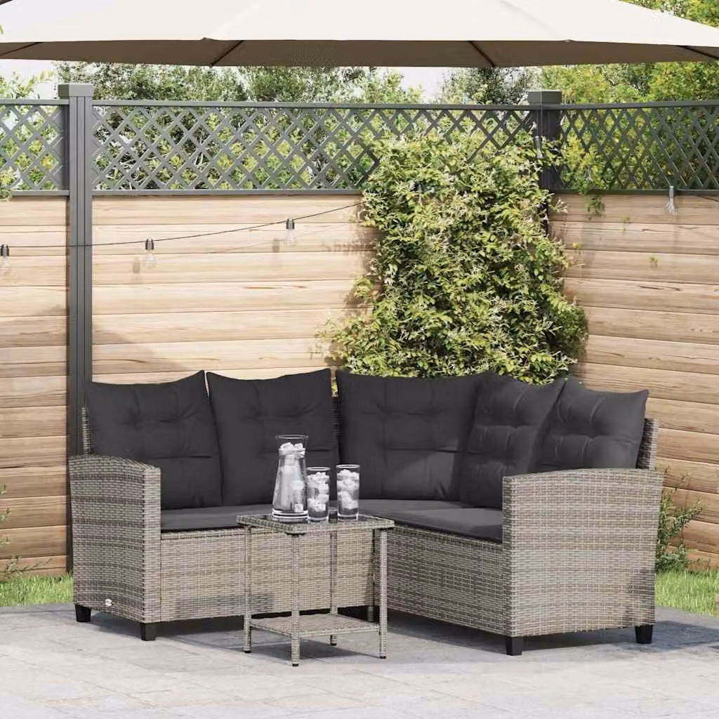 Set da giardino a L vidaXL in rattan grigio con tavolo da caffè e cuscini imbottiti