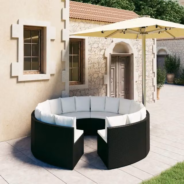 Set di Divani da Giardino a Forma di U con Cuscini vidaXL, 8 Pezzi, Colore Nero e Bianco con Struttura in Metallo e Polyrattan – 1