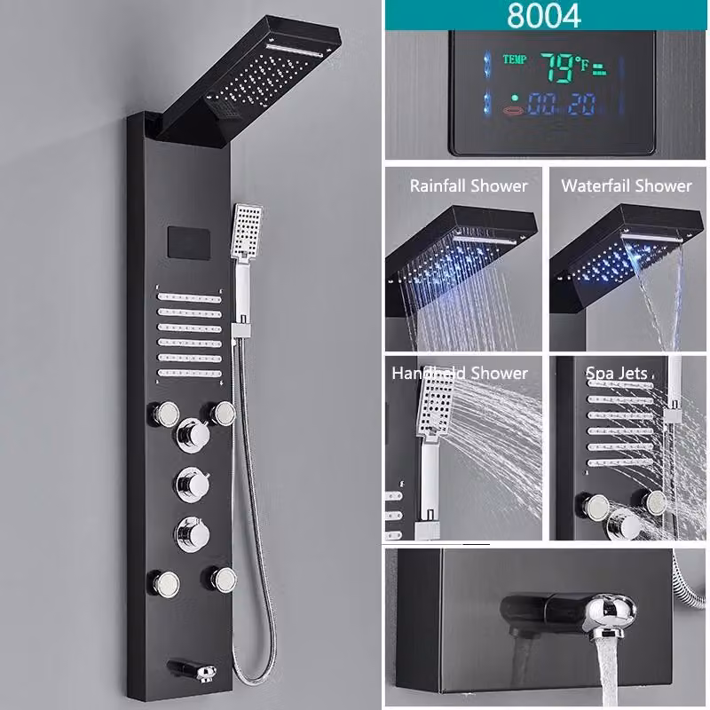 Pannello doccia LED - Colonna doccia a pioggia con miscelatore - Display digitale della temperatura - 4 getti massaggio corpo - Miscelatore a 3 manopole - Acciaio inossidabile 304 - Nero, modello 8004