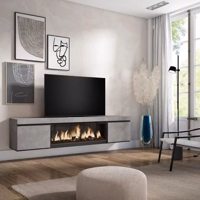 Mobile TV, Soggiorno, 208x35x45cm, Per TV fino a 80", Camino elettrico XXL, da appendere, grigio cemento RF3207