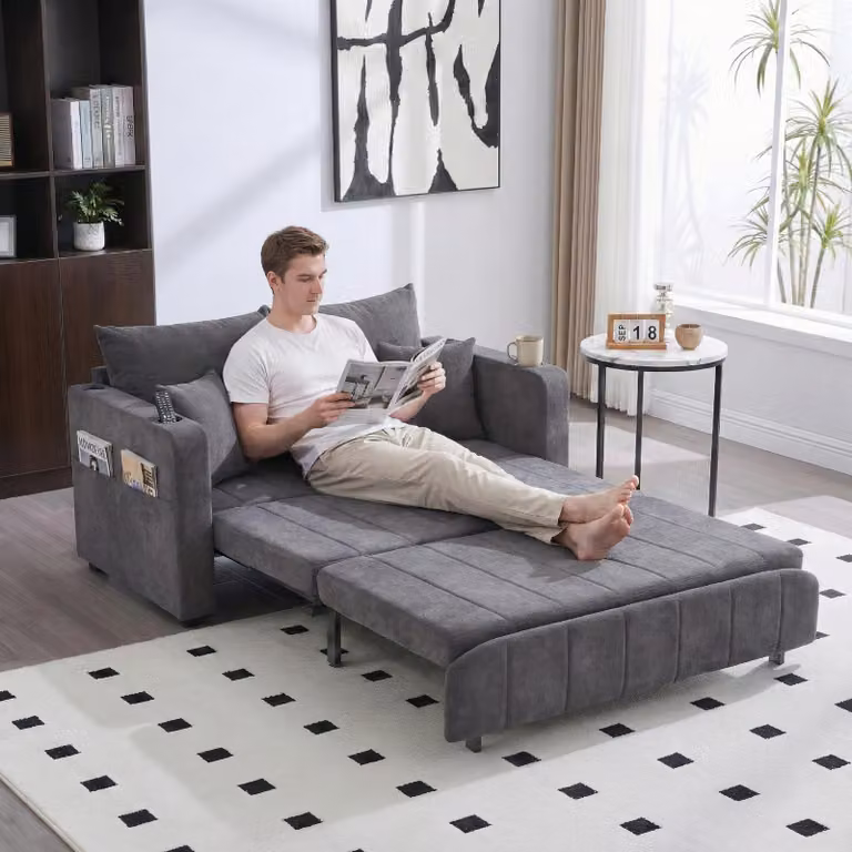 LVHOM divano letto con schienale regolabile in 3 posizioni e USB, divano letto estraibile, 2 posti con portabicchieri Salvaspazio 139x73x83cm, grigio