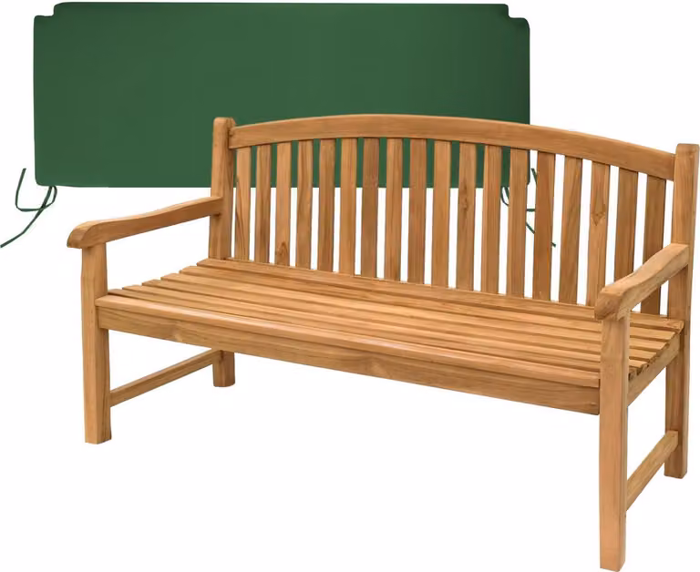 Panca in teak massello, modello Bari, 150 cm, resistente agli agenti atmosferici, con cuscino per seduta verde