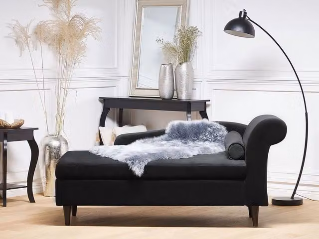 Chaise longue BELIANI in velluto nero con contenitore e cuscini, versione destra, L: 160 cm, P: 70 cm, H: 77 cm