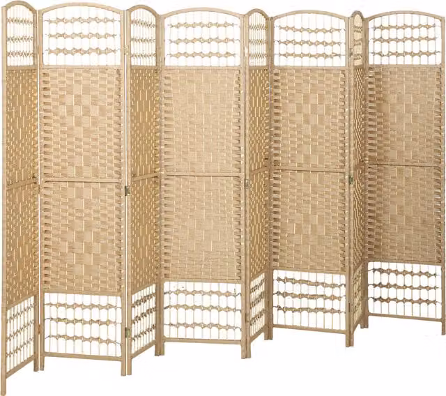 Paravento interno HOMCOM a 8 pannelli in legno naturale, divisore di ambienti pieghevole, H: 170 cm, L: 320 cm, P: 1,5 cm