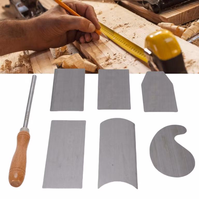 Set di raschietti - 6 raschietti in acciaio al manganese - Manici in legno - Utensili per la lavorazione del legno - Ottima presa - Elevata durezza - Set di raschietti