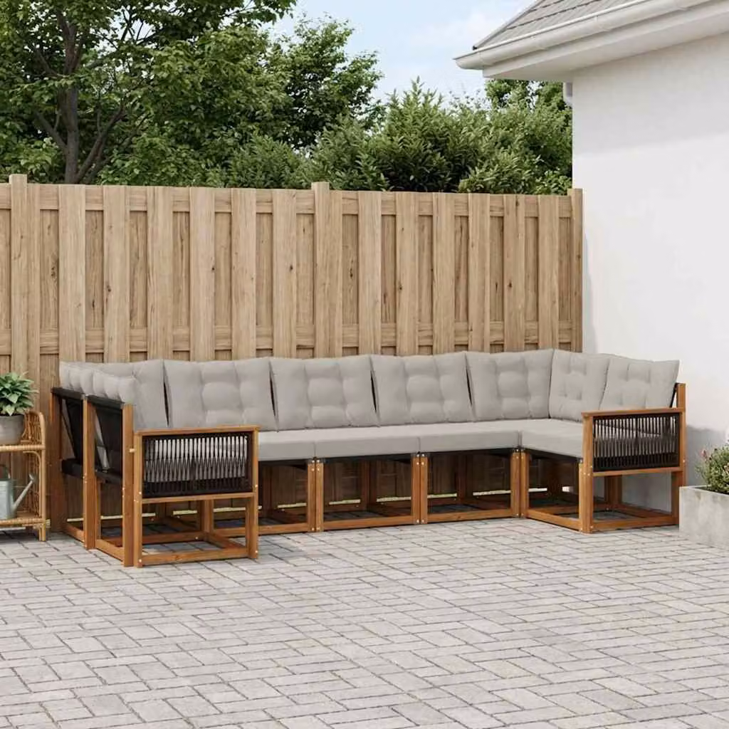 Set di divani da esterno vidaXL 7 pz a forma di L in legno di acacia con cuscini beige e grigio chiaro