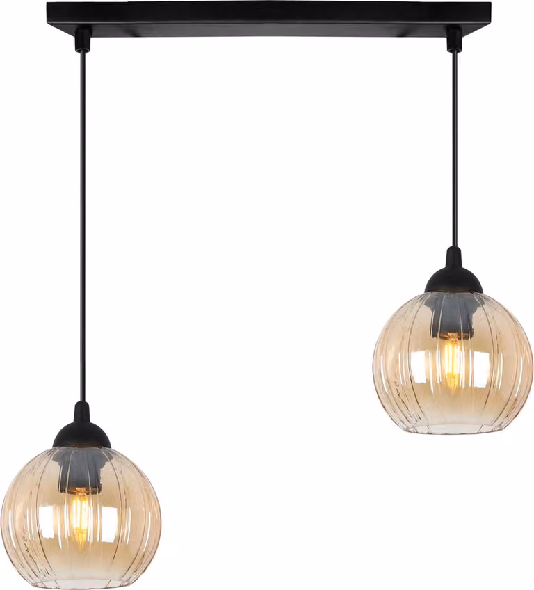 Lampada a sospensione Costa nera a 2 luci con globi color miele E27 - elegante lampada a sospensione per una calda illuminazione interna