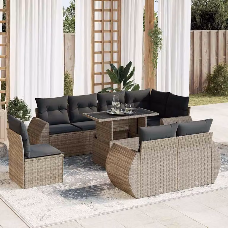 vidaXL Set Divano da Giardino 9 pz a forma di U con Cuscini Grigio in Polyrattan e Struttura in Metallo