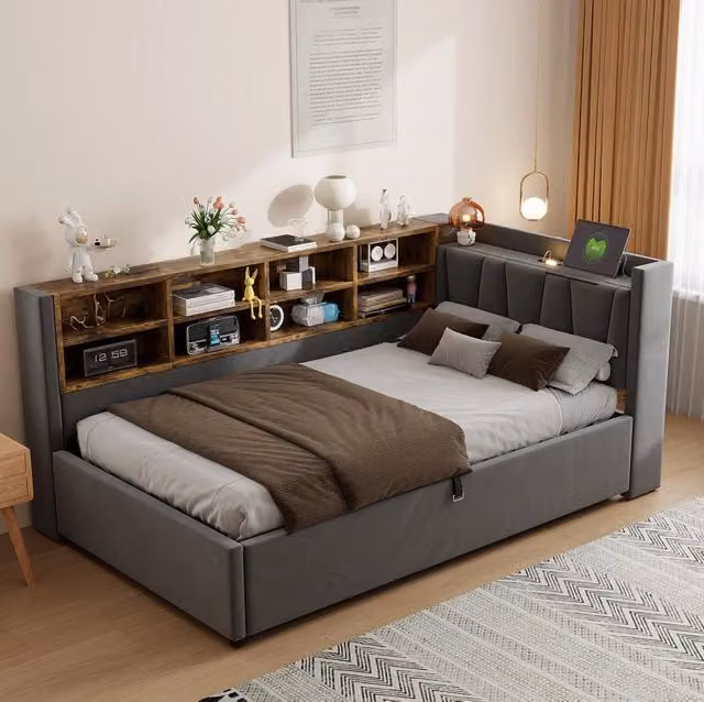Letto imbottito 90x200 cm; testiera multifunzione con luce e porte USB e Type C; velluto; grigio