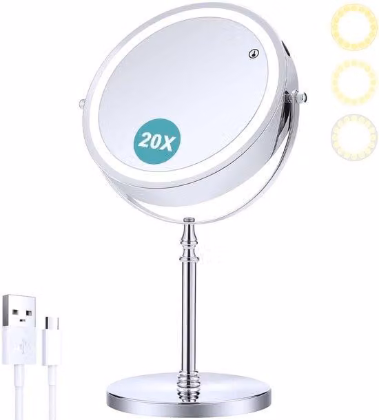 Specchio da trucco da 20 cm con LED dimmerabile e 3 tonalità di luce