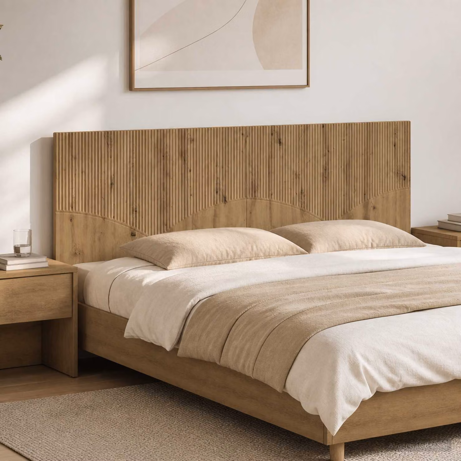 Testiera da muro vidaXL HOORN in legno ingegnerizzato marrone con mensola integrata e scomparti laterali