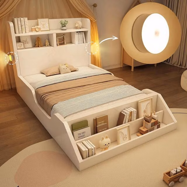 Letto legno-Xylo-90x200cm ripiani luci biblioteca bianco senza materasso