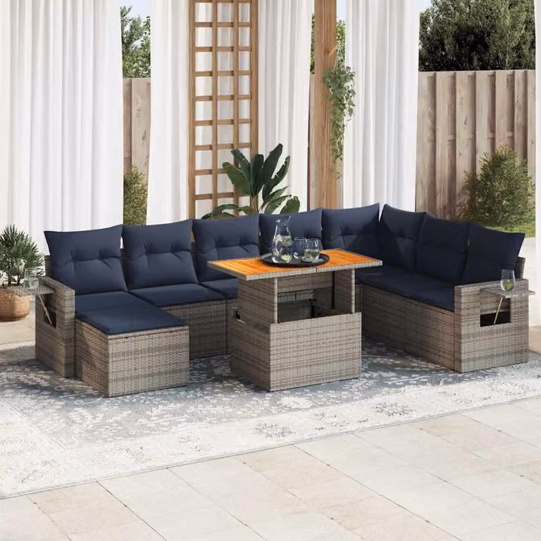 vidaXL Set Divano da Giardino 9 pz a forma di U in Polyrattan con Cuscini Blu e Grigio e Tavolino da Esterno
