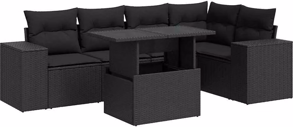 Set Divano da Giardino 6 pz con Cuscini Nero in Polyrattan
