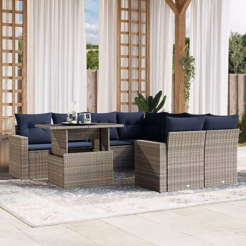 Set di divani da giardino vidaXL in polyrattan grigio con cuscini e tavolino da esterno 9 pz