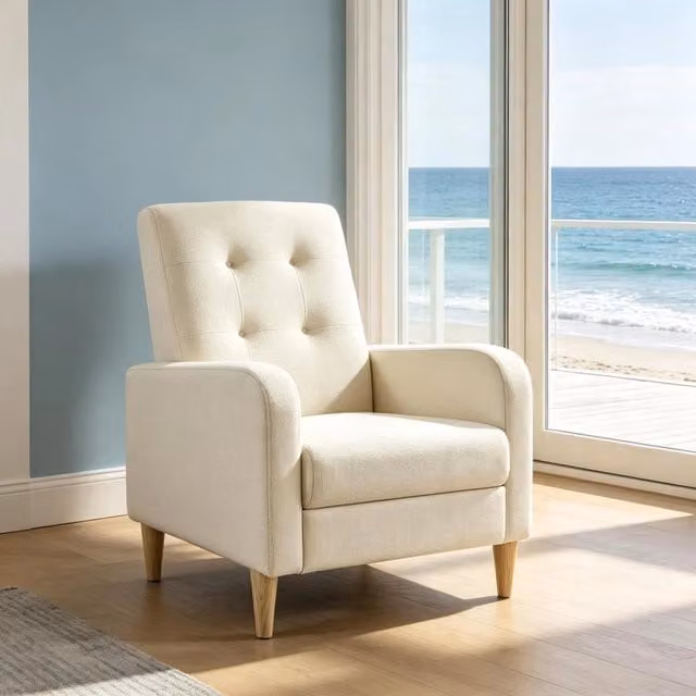 Poltrona da lettura Mivray in tessuto beige con braccioli e struttura in legno per soggiorno o camera da letto