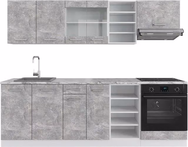 Cucina componibile moderna Vicco R-Line Calcestruzzo e Bianco, L: 240 cm, P: 60 cm, H: 169 cm – 1