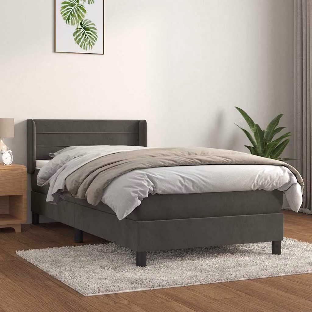 vidaXL Giroletto a Molle con Materasso Ibrido in Velluto Grigio, L/P/H: 90 x 190 cm – 1