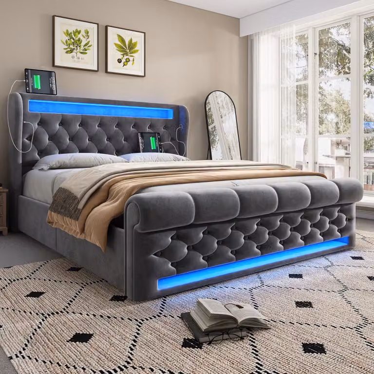okwish Letto imbottito 160x200 Letto per bambini con materasso, con contenitore e testiera, Letto singolo con LED e porte USB + Type-C, Grigio