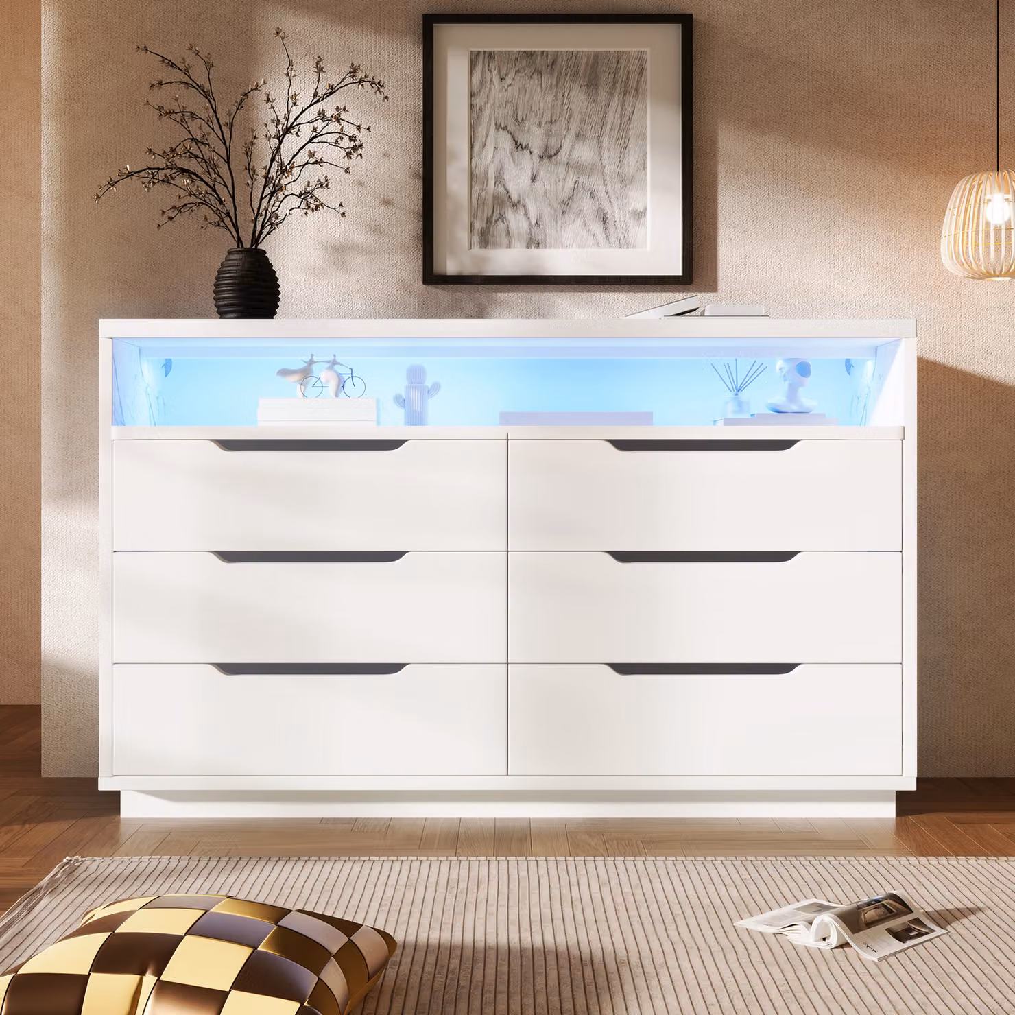 Credenza Flieks con 6 cassetti e vano a giorno, credenza per soggiorno con LED, 120x40x85cm, bianco