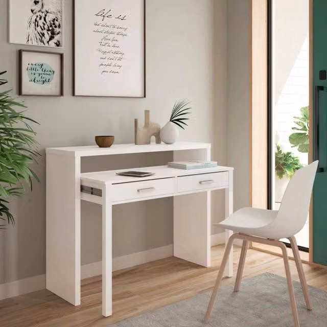 Scrivania con piano estensibile DMORA, Scrittoio porta PC moderno Bianco, L: 99 cm, P: 36 cm, H: 88 cm – 1