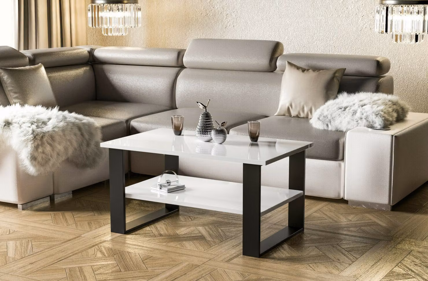 Tavolino da salotto Endo-Möbel Inga 110x65x53 cm con base a slitta e ripiano (bianco lucido)