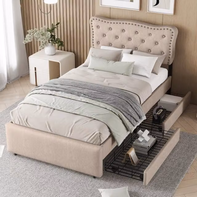 Letto Imbottito con Cassetti ¨C MINIMAL ¨C Beige 90x200