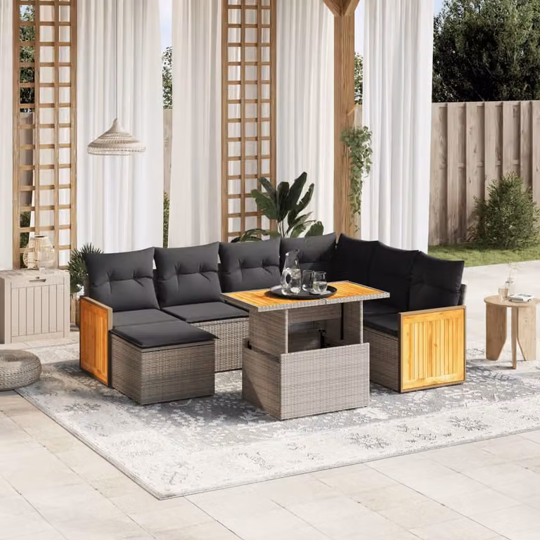 Set Divano da Giardino vidaXL 8 pz in Polyrattan Grigio con Cuscini e Tavolino