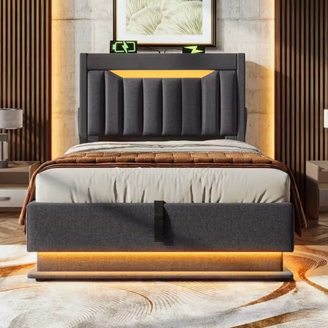 Letto singolo 90x200 con contenitore idraulico; testiera imbottita in lino grigio; LED e porte USB
