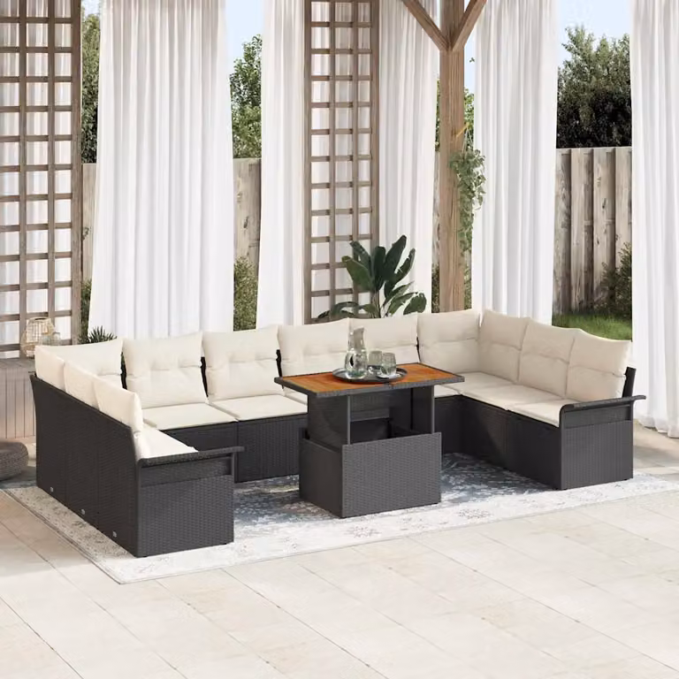 Set Divano da Giardino a Forma di U vidaXL in Polyrattan Nero con Tavolino e Cuscini