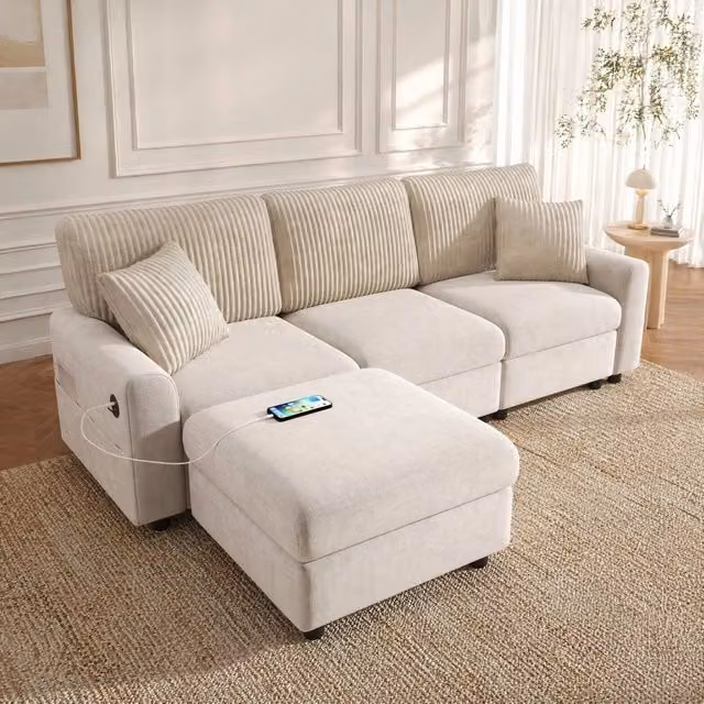 Divano con pouf indipendente in ciniglia e velluto a coste beige con porte USB e Type-C 84 × 223 × 146 cm