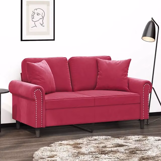 Divano a 2 posti moderno vidaXL in velluto rosso con cuscini e struttura in metallo L: 152 cm, P: 80 cm, H: 77 cm – 1