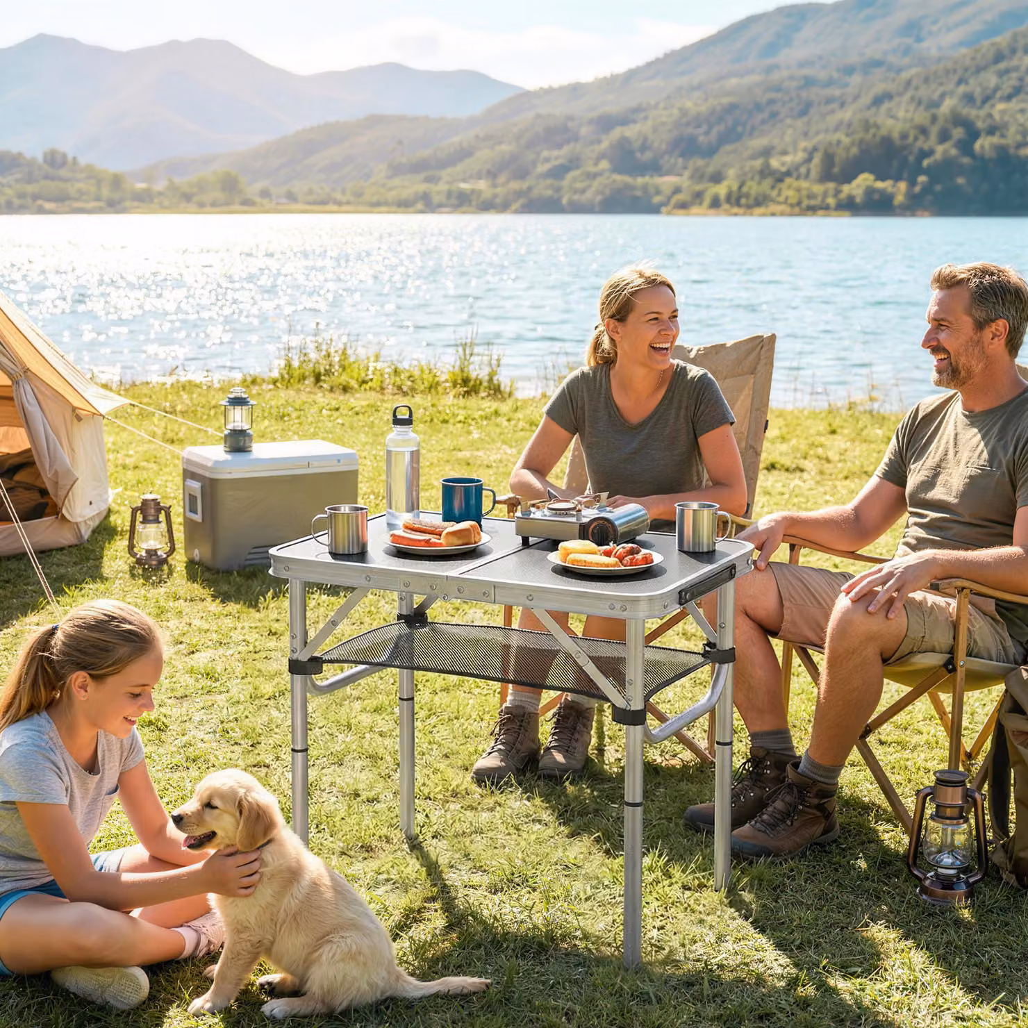 Outsunny Tavolo da Campeggio Pieghevole Nero con Piano in Rete e Altezza Regolabile – 2