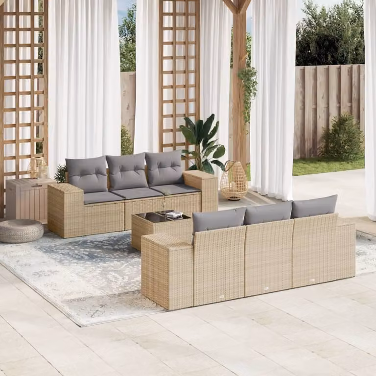 vidaXL Set Divani da Giardino 7 Pezzi con Cuscini Beige e Tavolino in Polyrattan e Acciaio