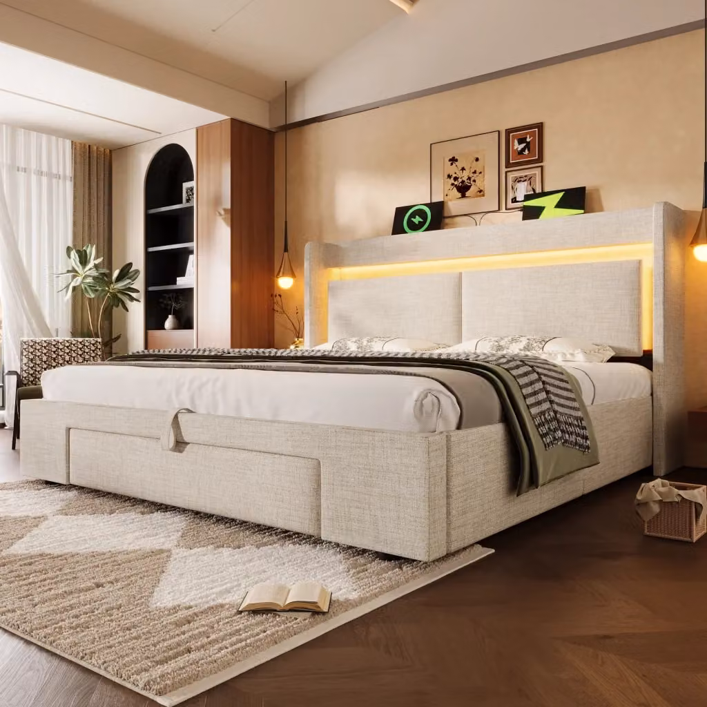 Letto imbottito WISHDOR beige con contenitore idraulico, testiera con porta USB, luce LED e mensola integrata, L/P/H: 140 x 200 x 111 cm – 2