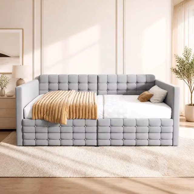 Letto divano 90 × 190 cm con 2 cassetti e tasche laterali, senza materasso, in velluto, grigio chiaro